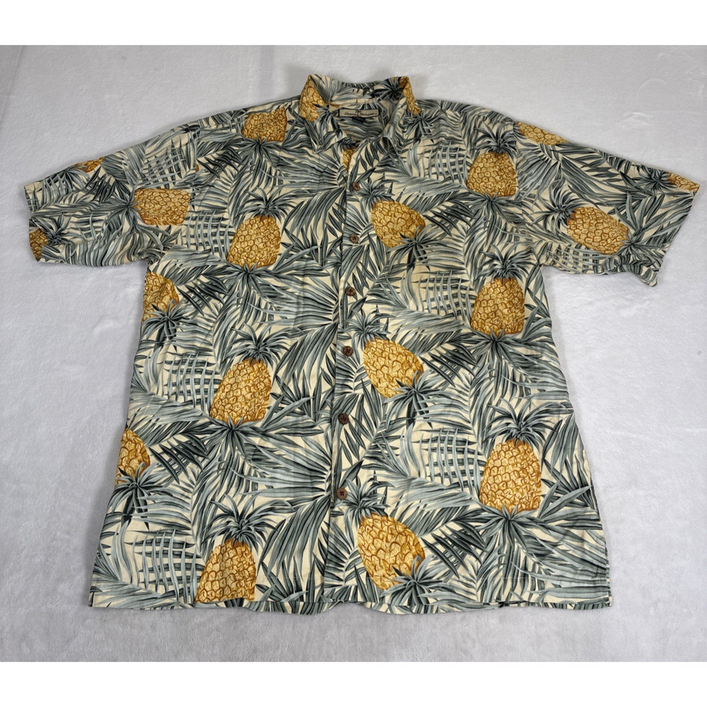 Tommy Bahama Shirt Mens Med Ylw Grn Pineapple Floral Silk Hawaiian Button Up